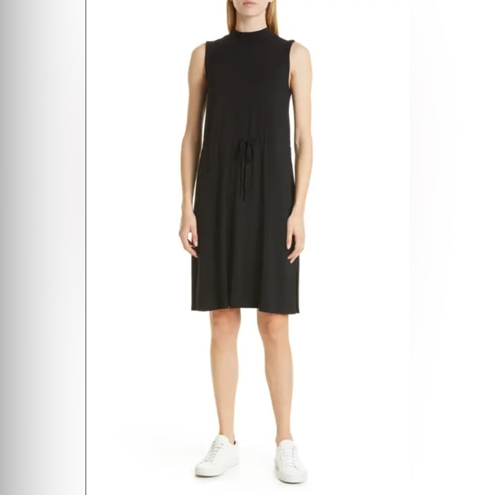 Eileen Fisher Mock Neck Waist-Tie Sleeveless Dress in Black Size Small
